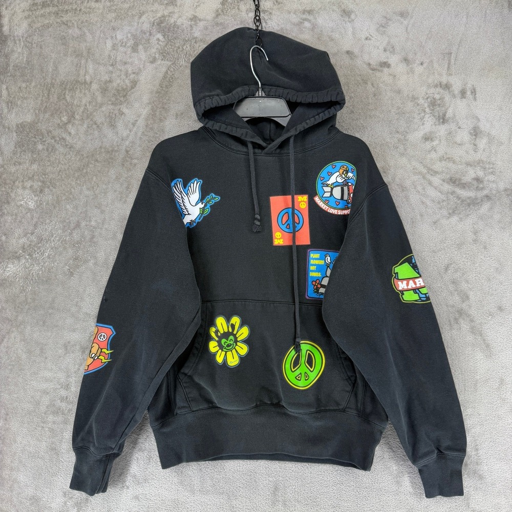 Market Peace Army Black Graphic Patch Hoodie Streetwear Mens Small MD703E